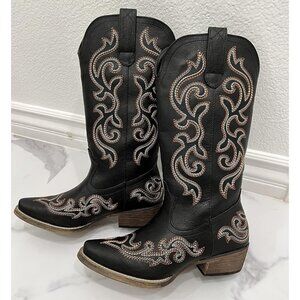 🆕Women Black Synthetic Leathers Cowgirl Chunky Heel Snip Toe Mid-Calf Boots